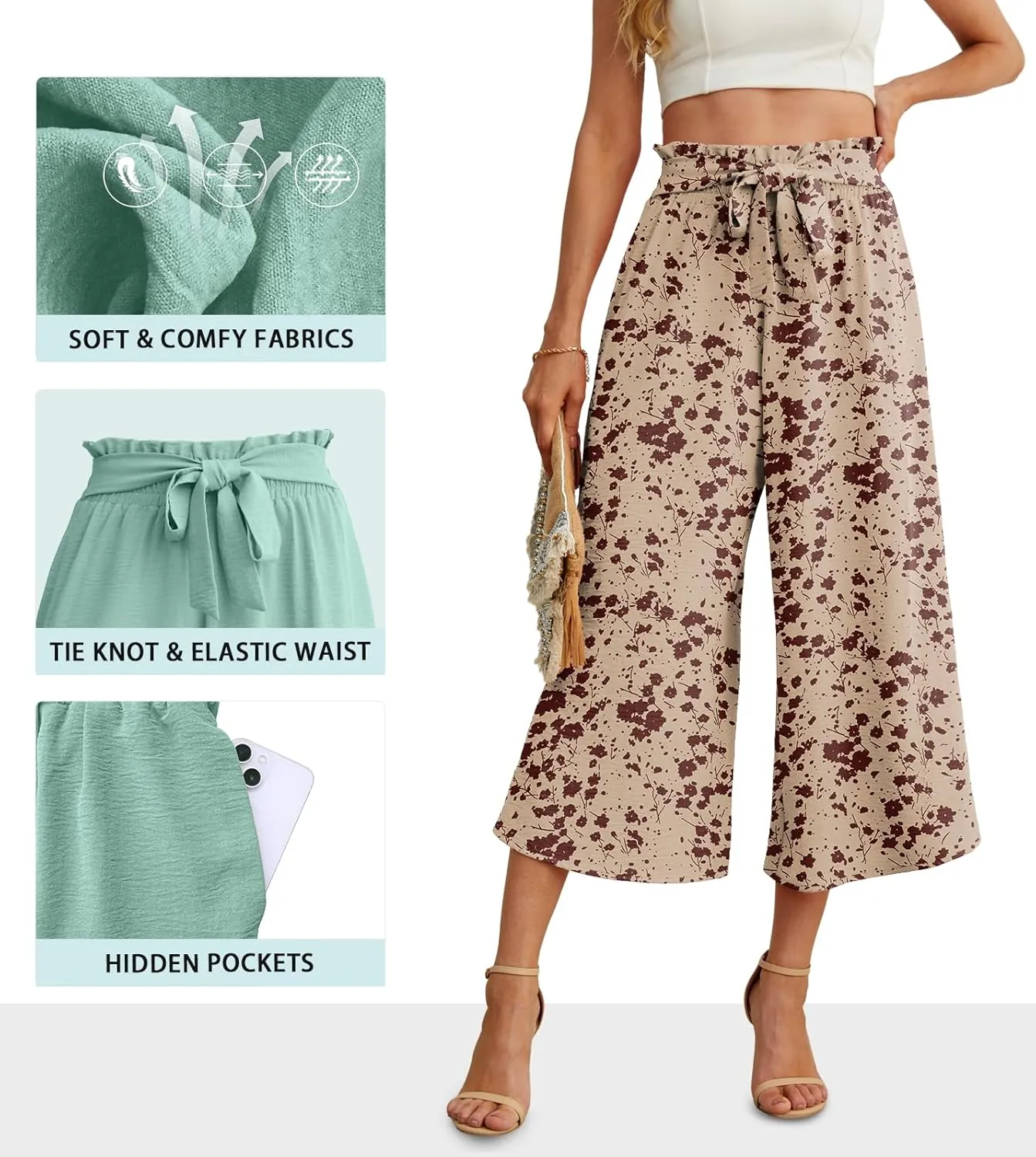 IWOLLENCE Women Flowy Loose Wide Leg Pant Summer Beach Casual Trousers high Waist Adjustable Knot Business Work Casual Pants