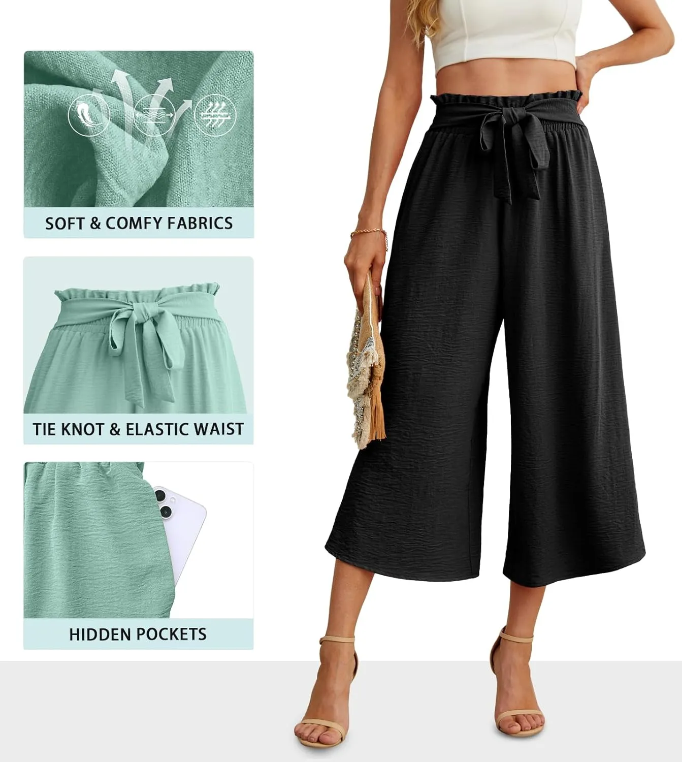 IWOLLENCE Women Flowy Loose Wide Leg Pant Summer Beach Casual Trousers high Waist Adjustable Knot Business Work Casual Pants