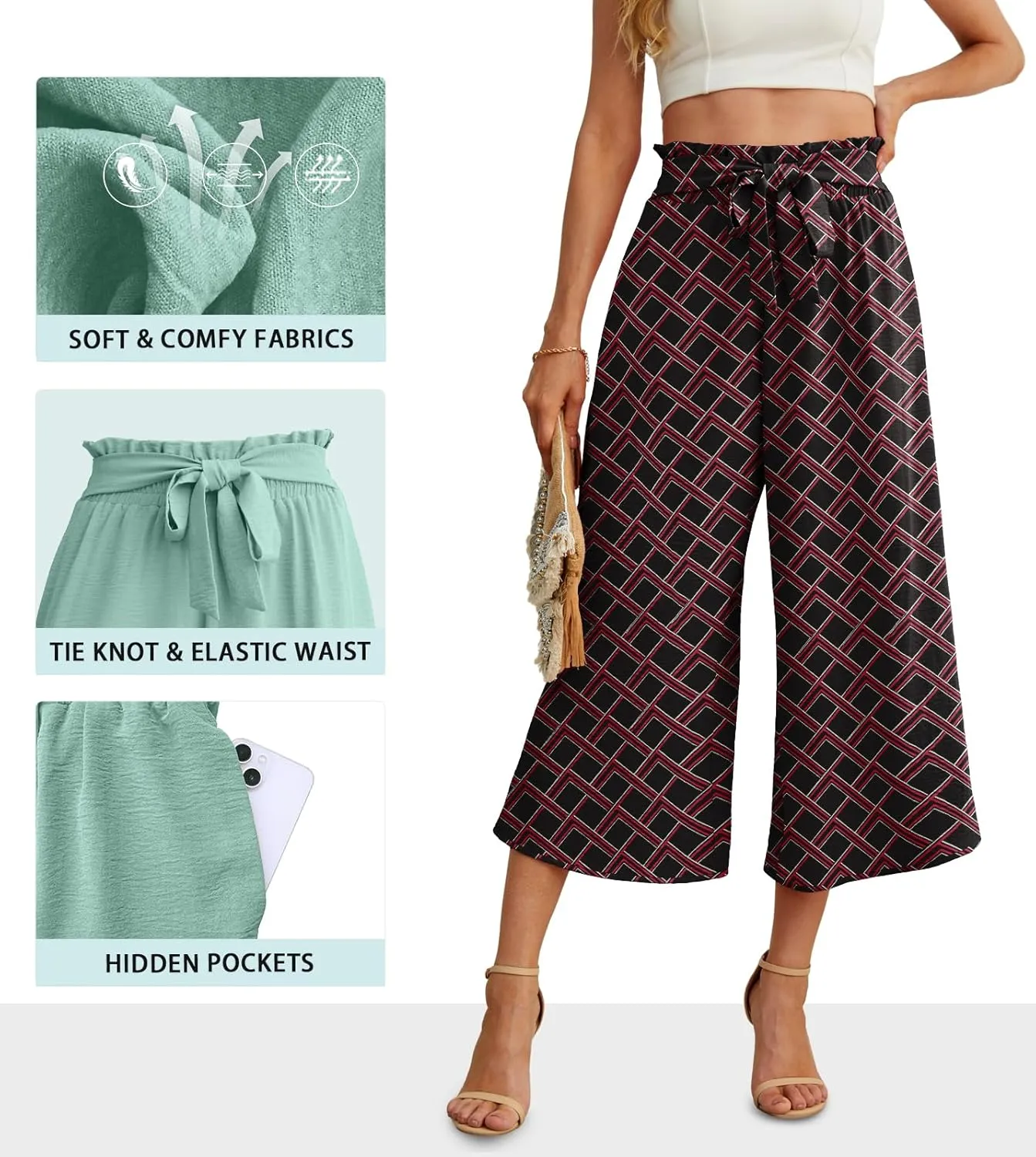 IWOLLENCE Women Flowy Loose Wide Leg Pant Summer Beach Casual Trousers high Waist Adjustable Knot Business Work Casual Pants
