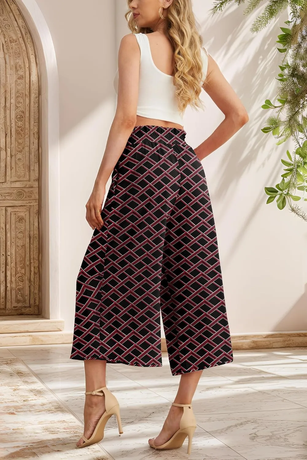 IWOLLENCE Women Flowy Loose Wide Leg Pant Summer Beach Casual Trousers high Waist Adjustable Knot Business Work Casual Pants