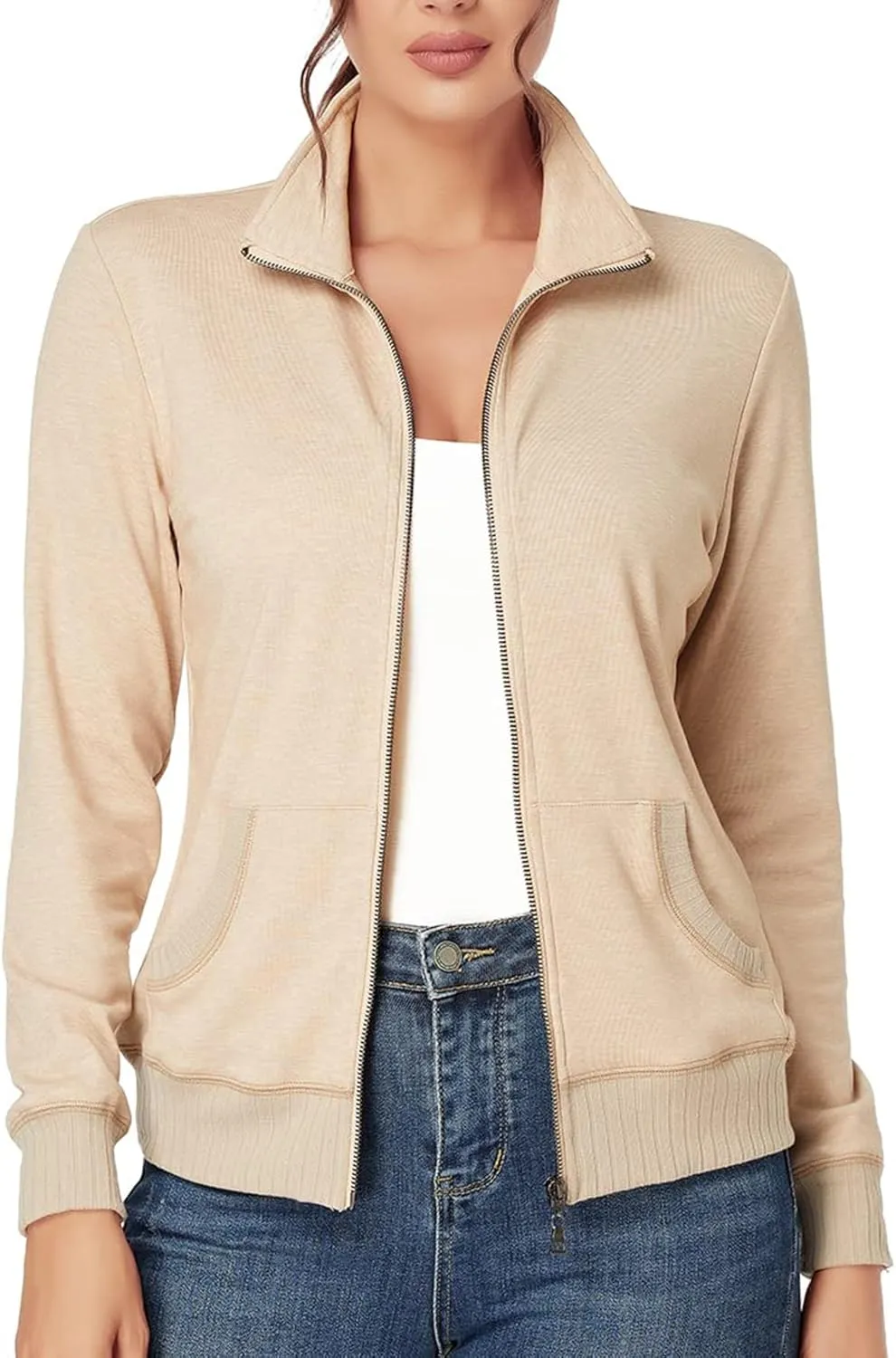J.Corrine Women's Zip up Sweatshirts Jacket Stand Collar Long Sleeve Running Track Jacket with Pockets