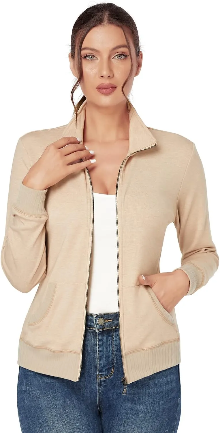 J.Corrine Women's Zip up Sweatshirts Jacket Stand Collar Long Sleeve Running Track Jacket with Pockets