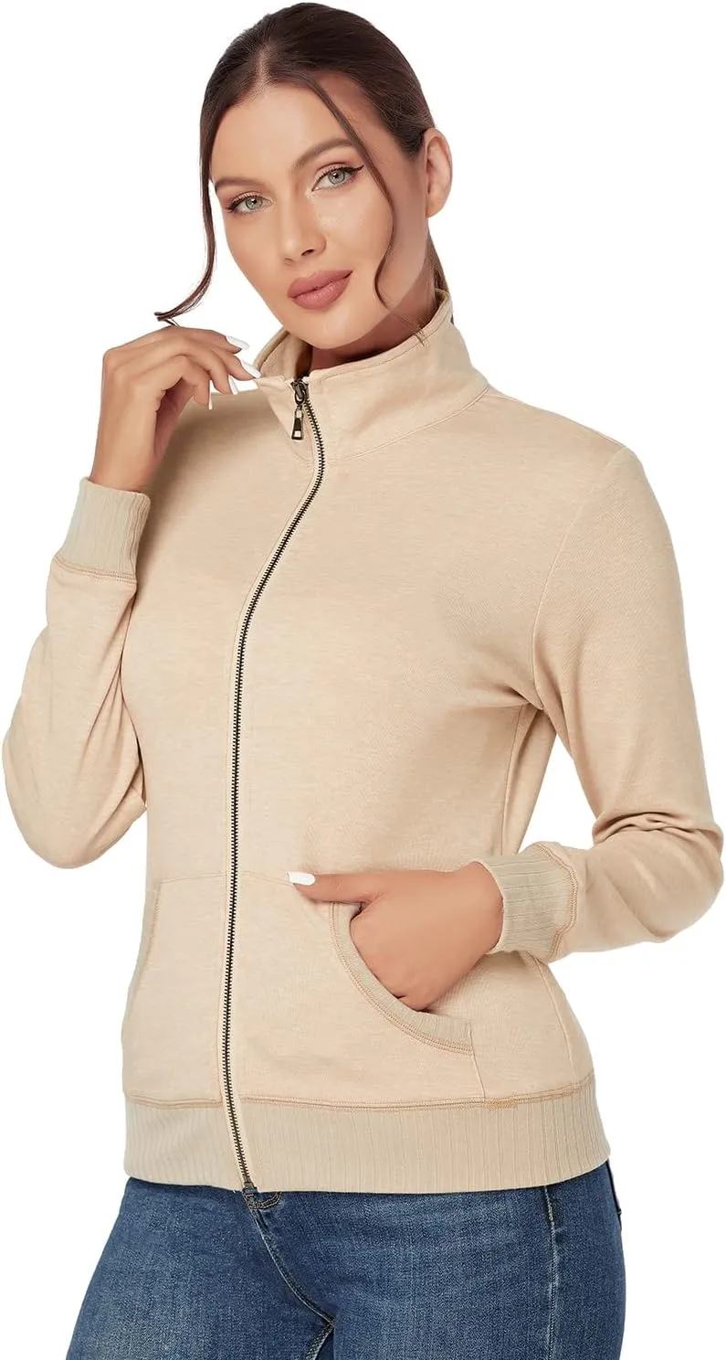J.Corrine Women's Zip up Sweatshirts Jacket Stand Collar Long Sleeve Running Track Jacket with Pockets