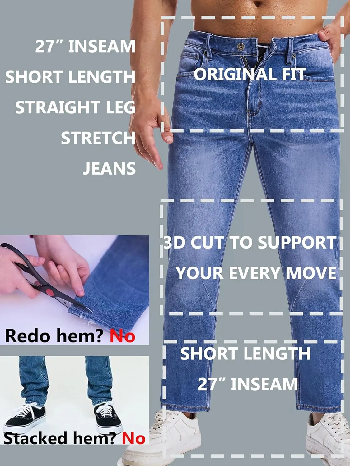 Jeans for Short Men 27" Original Straight Taper Fit Short Length Casual Stretch Denim Pants AT01