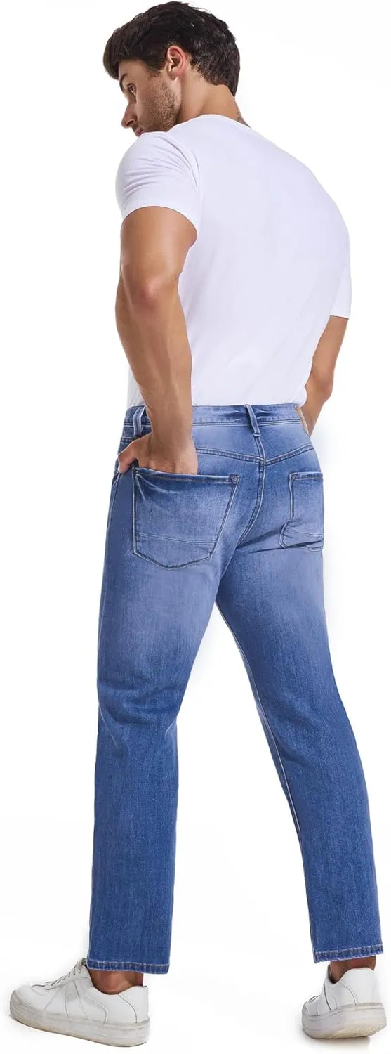 Jeans for Short Men 27" Original Straight Taper Fit Short Length Casual Stretch Denim Pants AT01