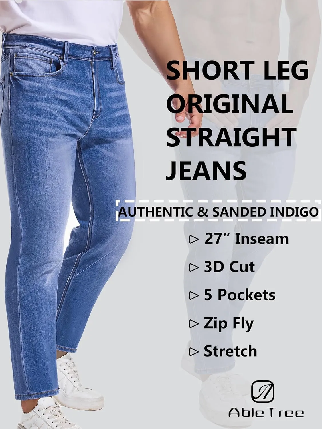 Jeans for Short Men 27" Original Straight Taper Fit Short Length Casual Stretch Denim Pants AT01
