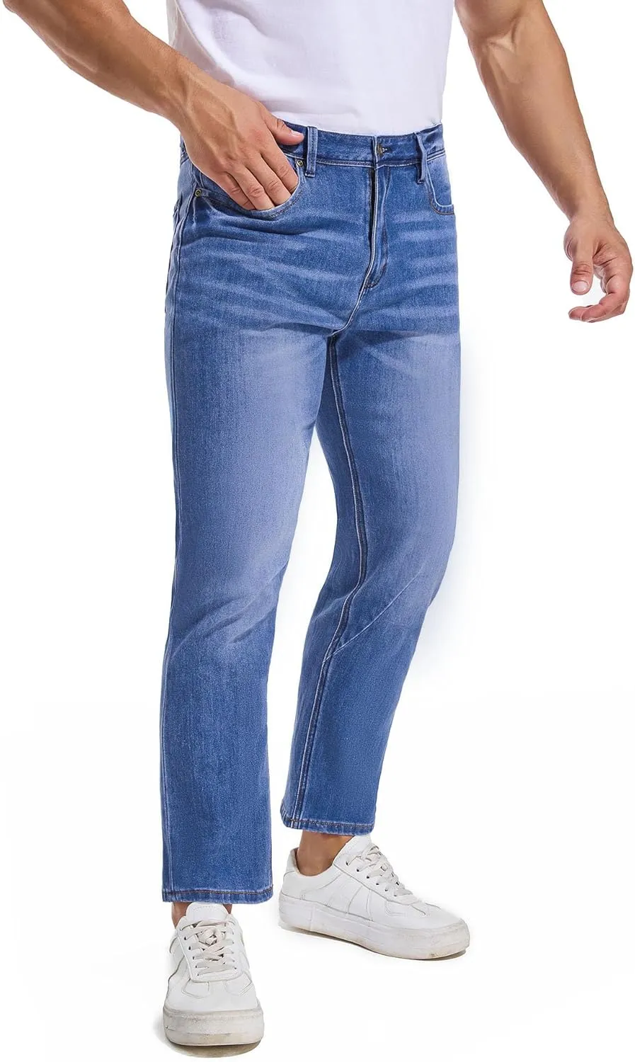 Jeans for Short Men 27" Original Straight Taper Fit Short Length Casual Stretch Denim Pants AT01