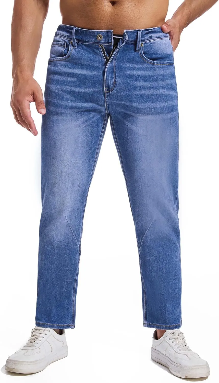 Jeans for Short Men 27" Original Straight Taper Fit Short Length Casual Stretch Denim Pants AT01