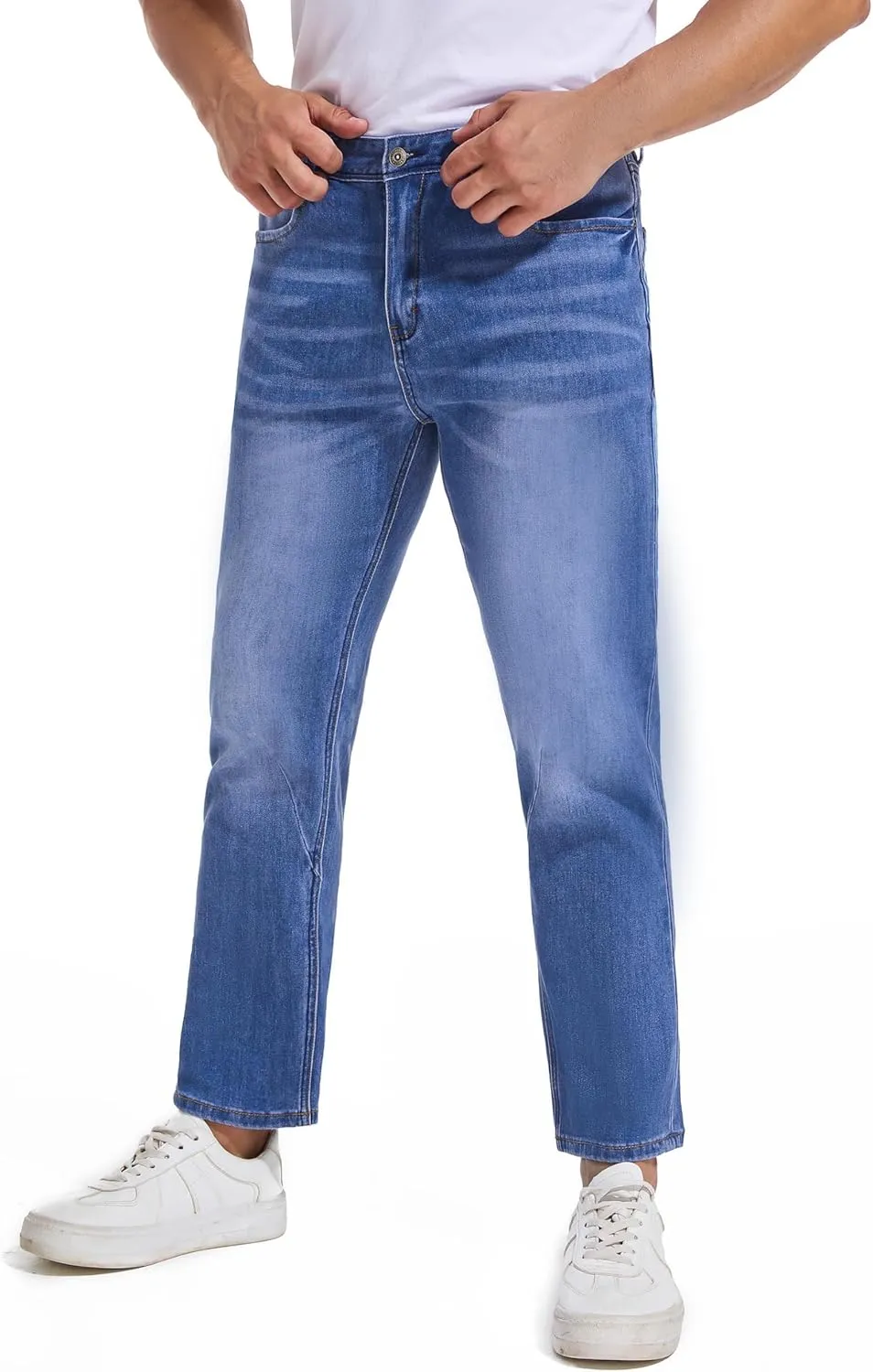 Jeans for Short Men 27" Original Straight Taper Fit Short Length Casual Stretch Denim Pants AT01