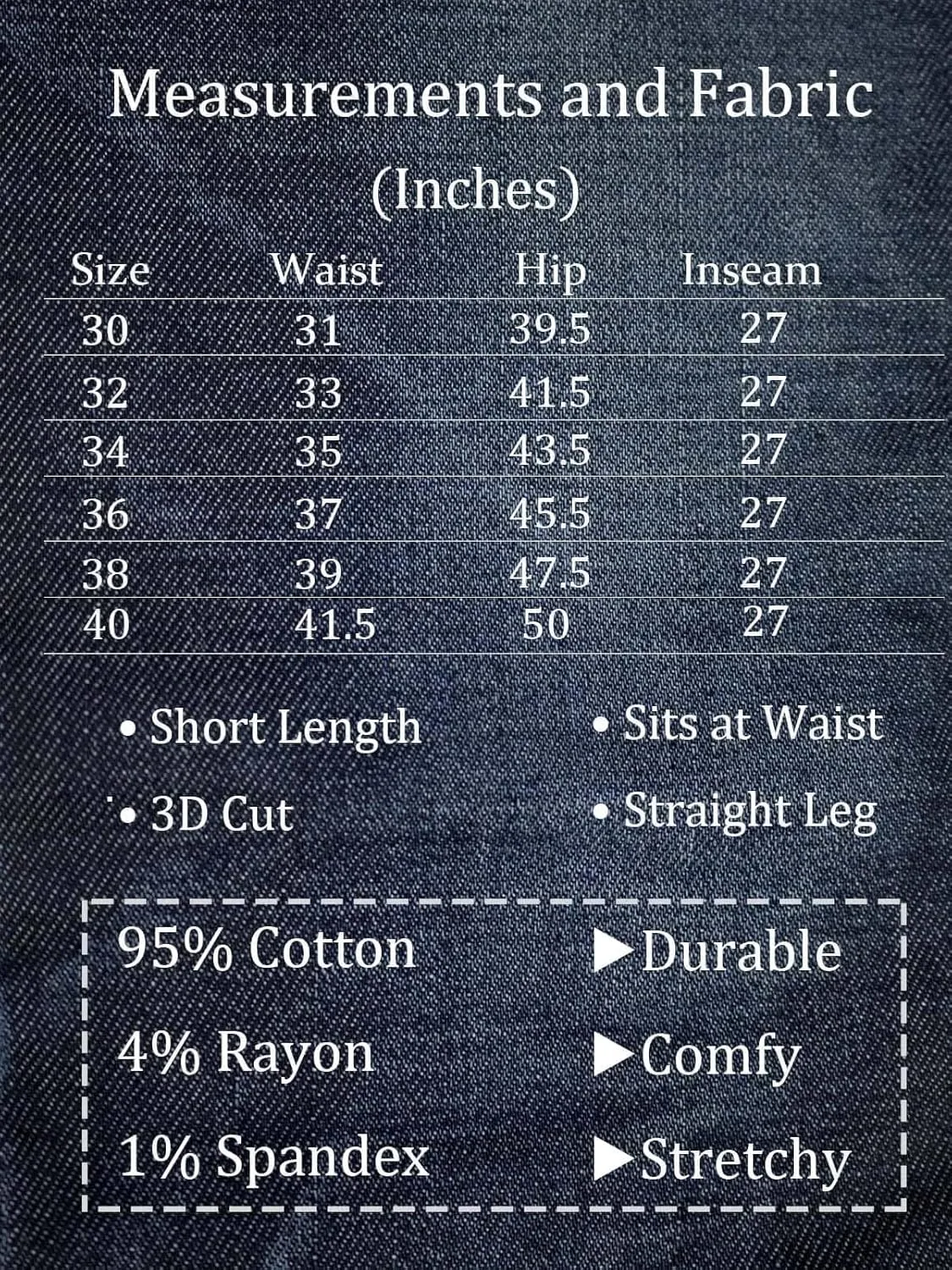 Jeans for Short Men 27" Original Straight Taper Fit Short Length Casual Stretch Denim Pants AT01