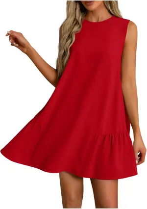 JOAU Summer Dresses for Women 2025 Crew Neck Sleeveless Keyhole Back Beach Sundress Casual Flowy Ruffle Hem Mini Tank Dress