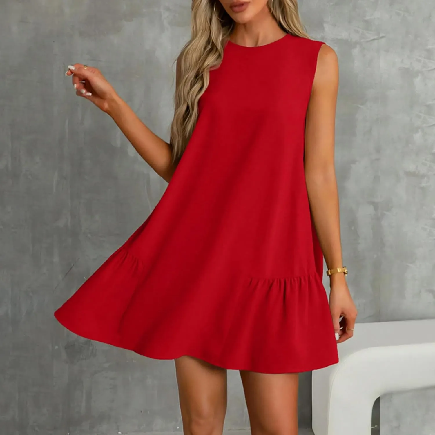 JOAU Summer Dresses for Women 2025 Crew Neck Sleeveless Keyhole Back Beach Sundress Casual Flowy Ruffle Hem Mini Tank Dress