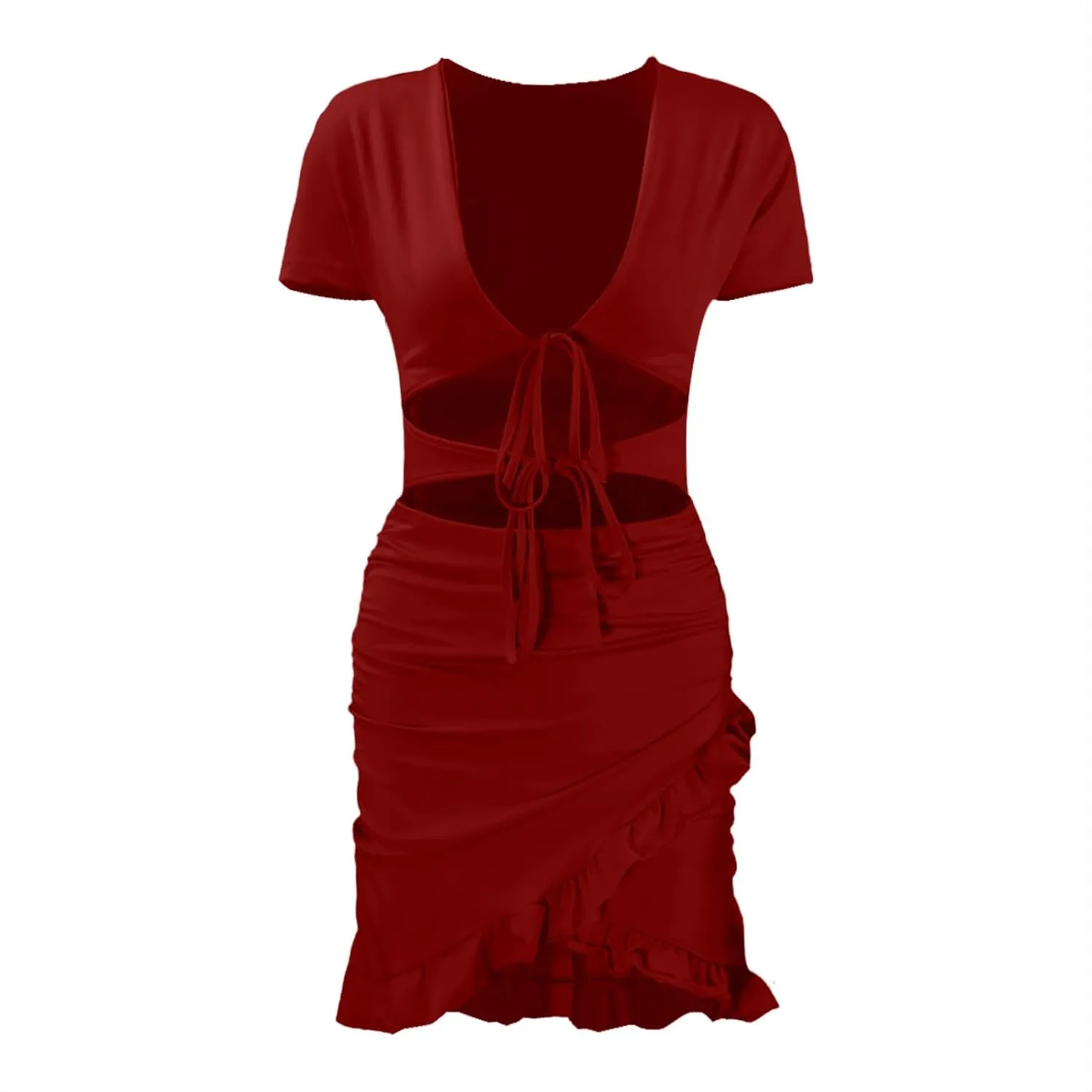 JOAU Women Sexy V Neck Tie Front Cut Out Bodycon Mini Dress Summer Short Sleeve Irregular Ruffle Hem Ruched Wrap Short Dress