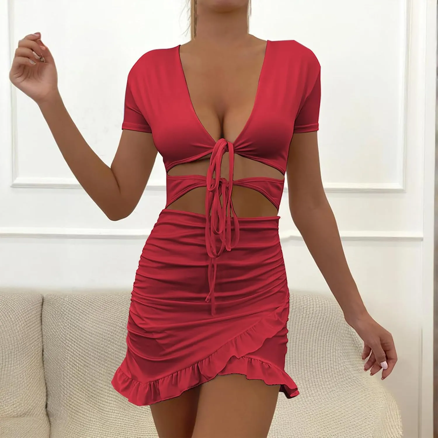 JOAU Women Sexy V Neck Tie Front Cut Out Bodycon Mini Dress Summer Short Sleeve Irregular Ruffle Hem Ruched Wrap Short Dress