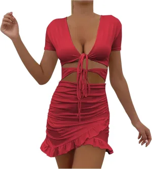 JOAU Women Sexy V Neck Tie Front Cut Out Bodycon Mini Dress Summer Short Sleeve Irregular Ruffle Hem Ruched Wrap Short Dress