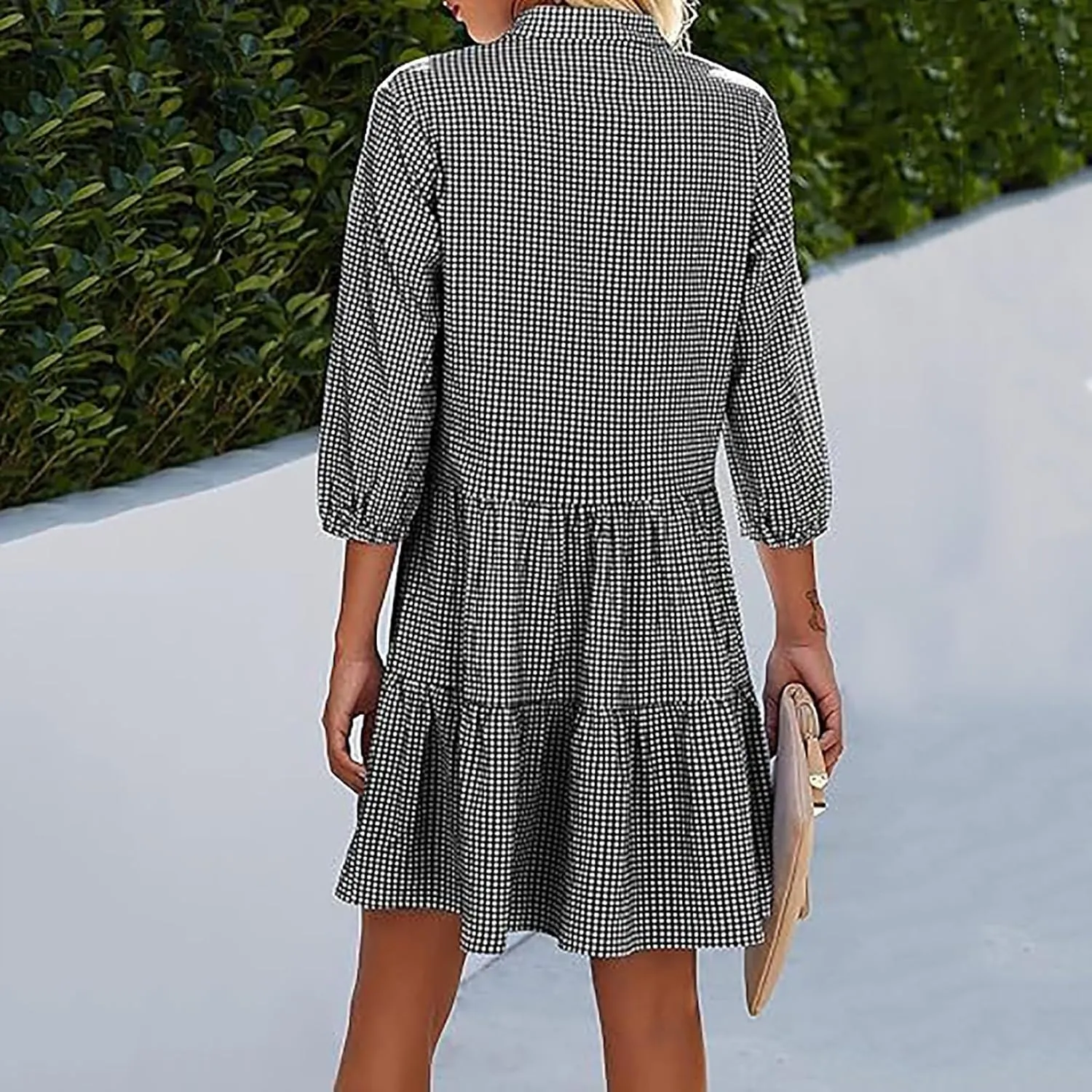 JOAU Women Summer Plaid Shirt Dresses Casual V Neck Button Down 3/4 Sleeve Loose Flowy Tiered Ruffle A-Line Knee Length Dress