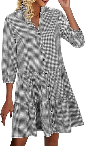 JOAU Women Summer Plaid Shirt Dresses Casual V Neck Button Down 3/4 Sleeve Loose Flowy Tiered Ruffle A-Line Knee Length Dress