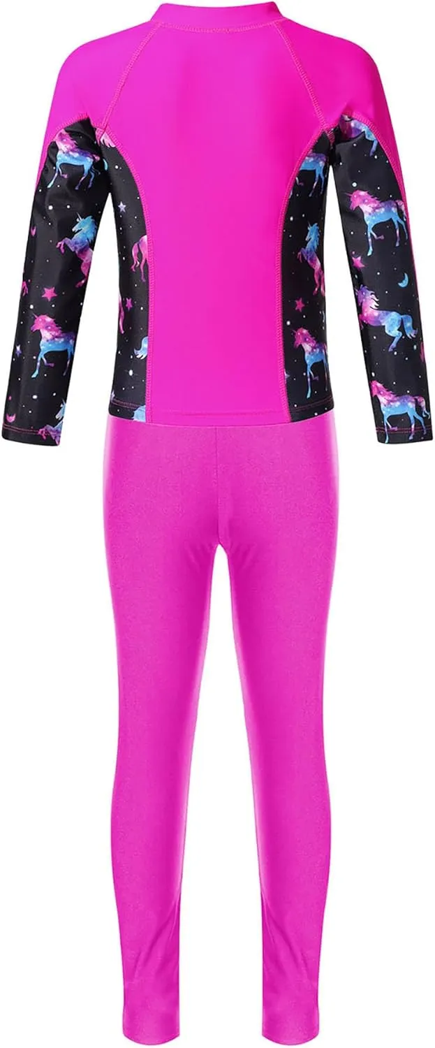 Kids Girls Rash Guard Swimsuit Long Sleeve Swim Tops with Long Pants 2 Piece Bathing Suit