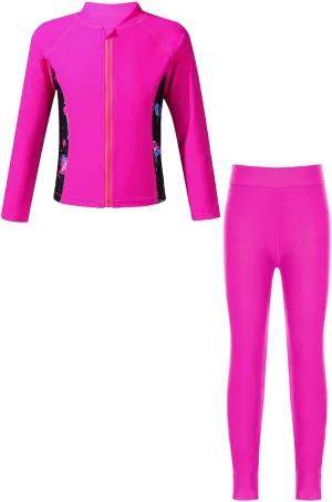 Kids Girls Rash Guard Swimsuit Long Sleeve Swim Tops with Long Pants 2 Piece Bathing Suit