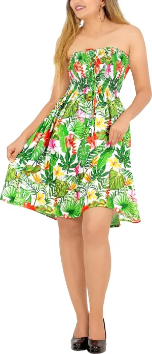 LA LEELA Women's Summer Boho Beach Halter Smocked Mini Flowy Dress Tube Top Strapless Dresses for Women One Size Pearl, Floral