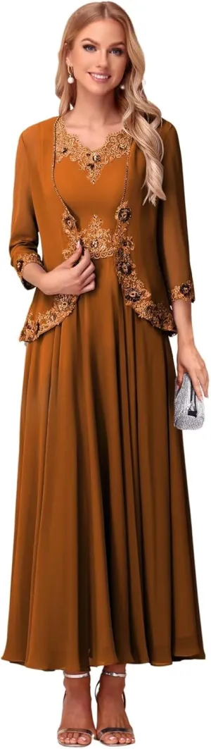 Lace Applique V Neck 2 Piece Mother of The Bride Dresses 3/4 Sleeve Chiffon Evening Formal Dress with Jacket PU178