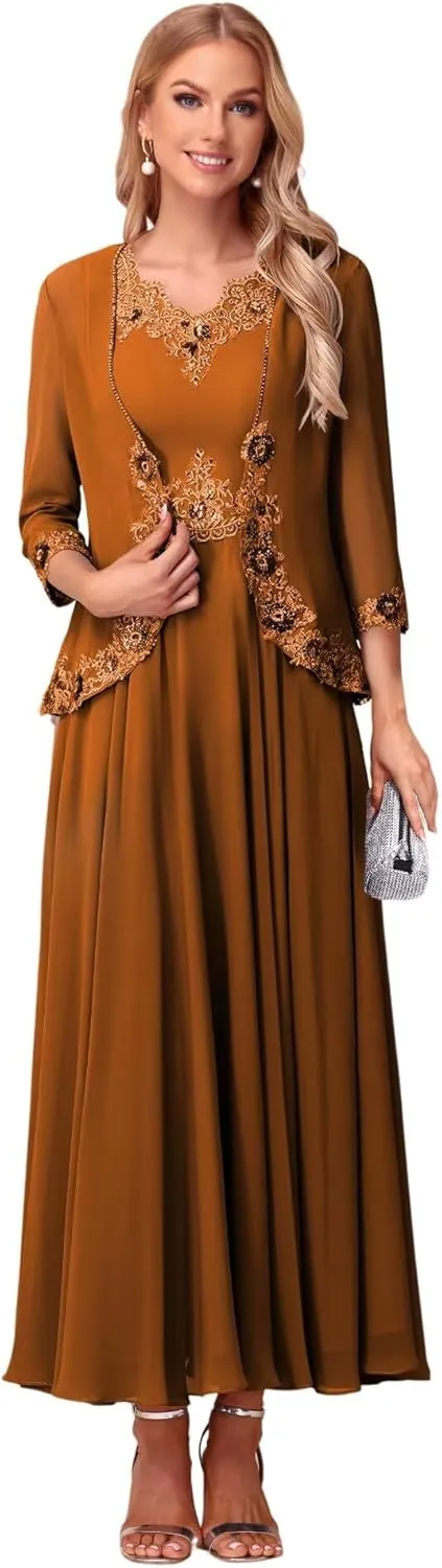 Lace Applique V Neck 2 Piece Mother of The Bride Dresses 3/4 Sleeve Chiffon Evening Formal Dress with Jacket PU178