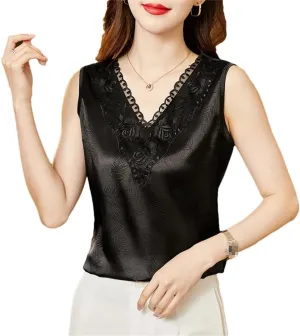 Lace Tank Top V Neck Casual Summer Women Sleeveless Vest Printed Embroidery Camisole