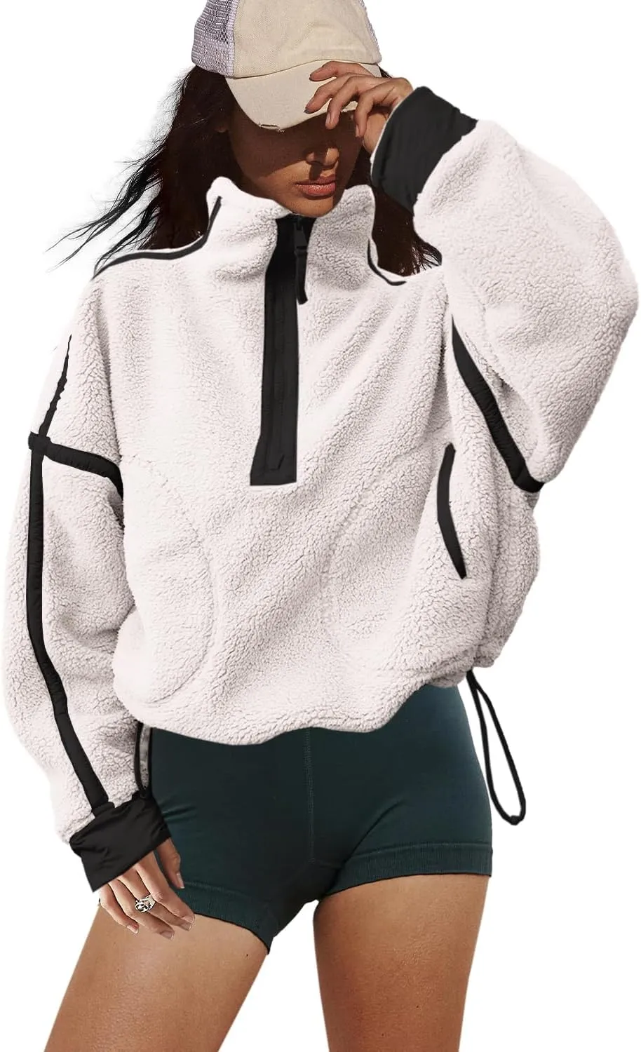 LAMISSCHE Half Zip Sweatshirt Women Oversized Sherpa Jacket V Neck Fleece Pullover Hoodie with Pockets
