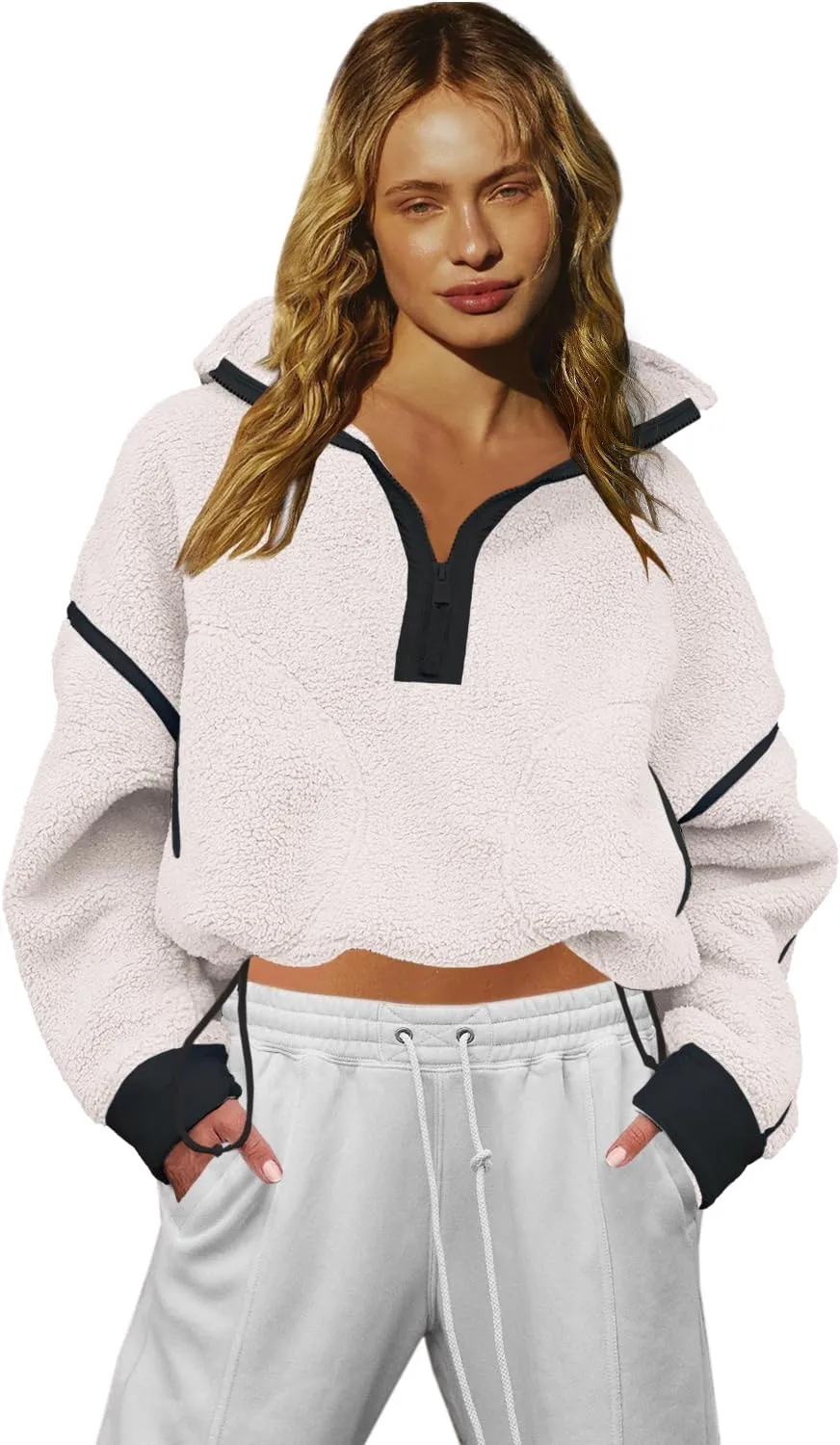 LAMISSCHE Half Zip Sweatshirt Women Oversized Sherpa Jacket V Neck Fleece Pullover Hoodie with Pockets