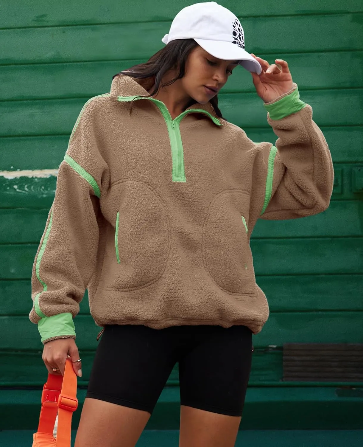 LAMISSCHE Half Zip Sweatshirt Women Oversized Sherpa Jacket V Neck Fleece Pullover Hoodie with Pockets