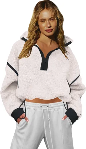LAMISSCHE Half Zip Sweatshirt Women Oversized Sherpa Jacket V Neck Fleece Pullover Hoodie with Pockets