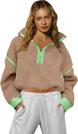 LAMISSCHE Half Zip Sweatshirt Women Oversized Sherpa Jacket V Neck Fleece Pullover Hoodie with Pockets