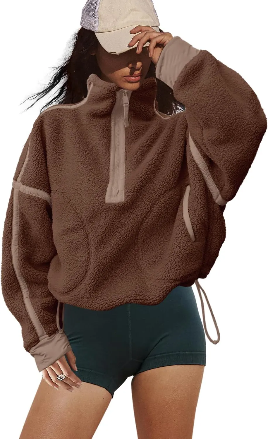 LAMISSCHE Half Zip Sweatshirt Women Oversized Sherpa Jacket V Neck Fleece Pullover Hoodie with Pockets