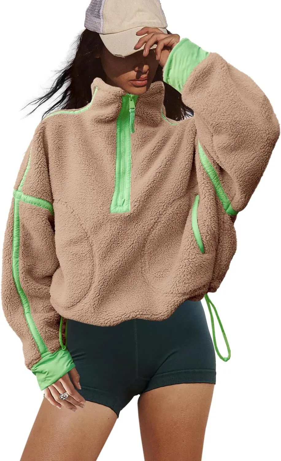 LAMISSCHE Half Zip Sweatshirt Women Oversized Sherpa Jacket V Neck Fleece Pullover Hoodie with Pockets