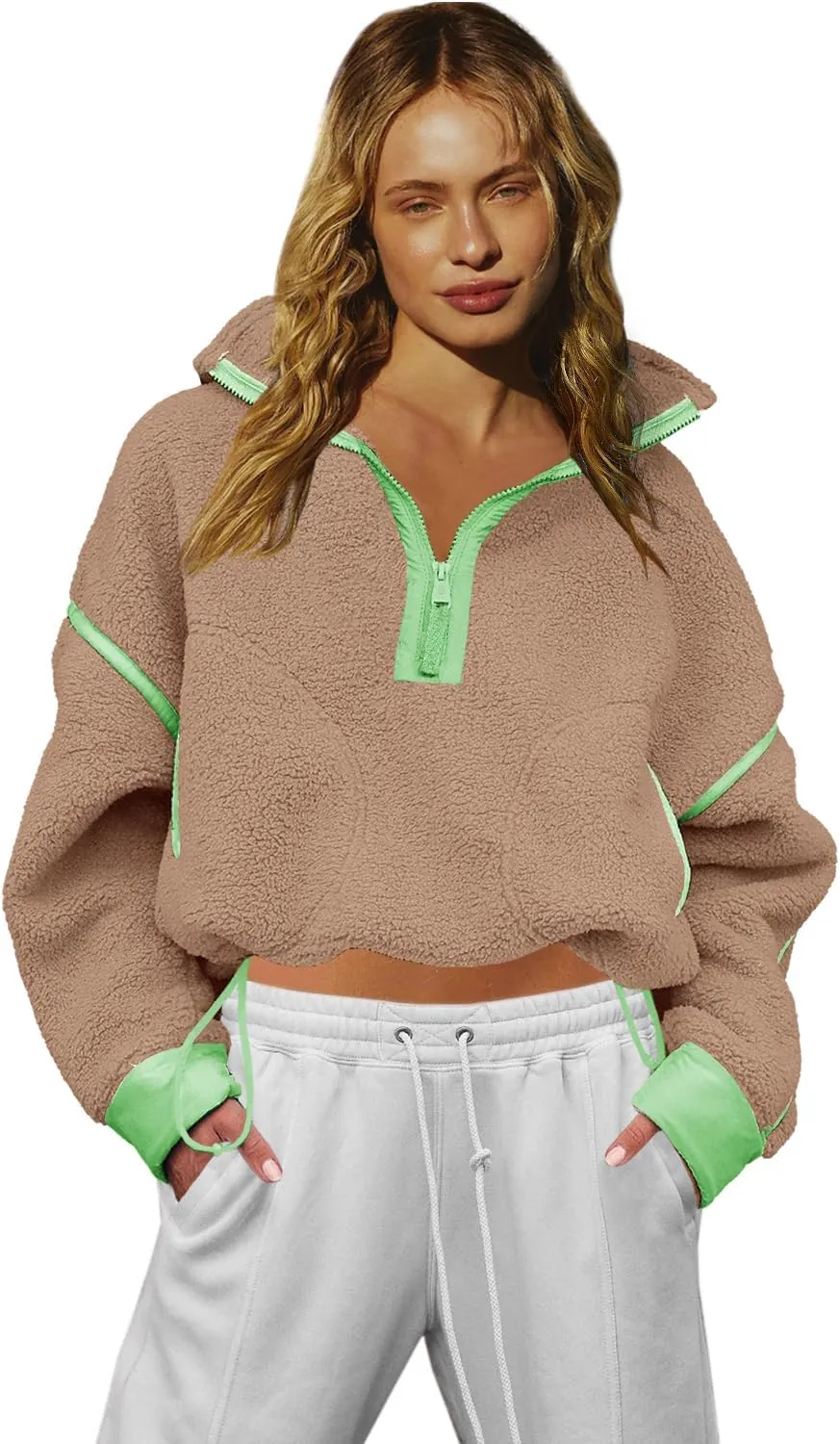 LAMISSCHE Half Zip Sweatshirt Women Oversized Sherpa Jacket V Neck Fleece Pullover Hoodie with Pockets