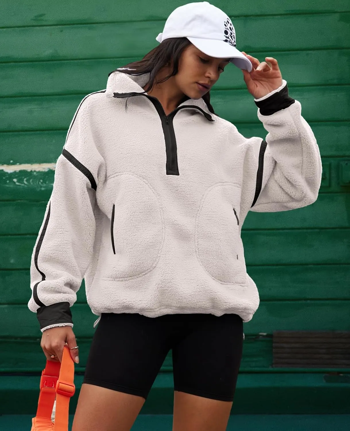 LAMISSCHE Half Zip Sweatshirt Women Oversized Sherpa Jacket V Neck Fleece Pullover Hoodie with Pockets