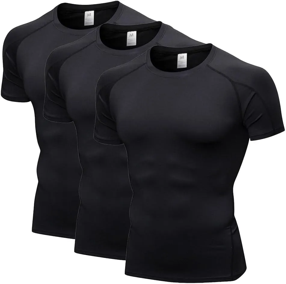 LANBAOSI 3 Pack Men's Compression Shirts Short Sleeve Compression Base Layer Cool Dry Athletic Undershirt Workout T Shirt