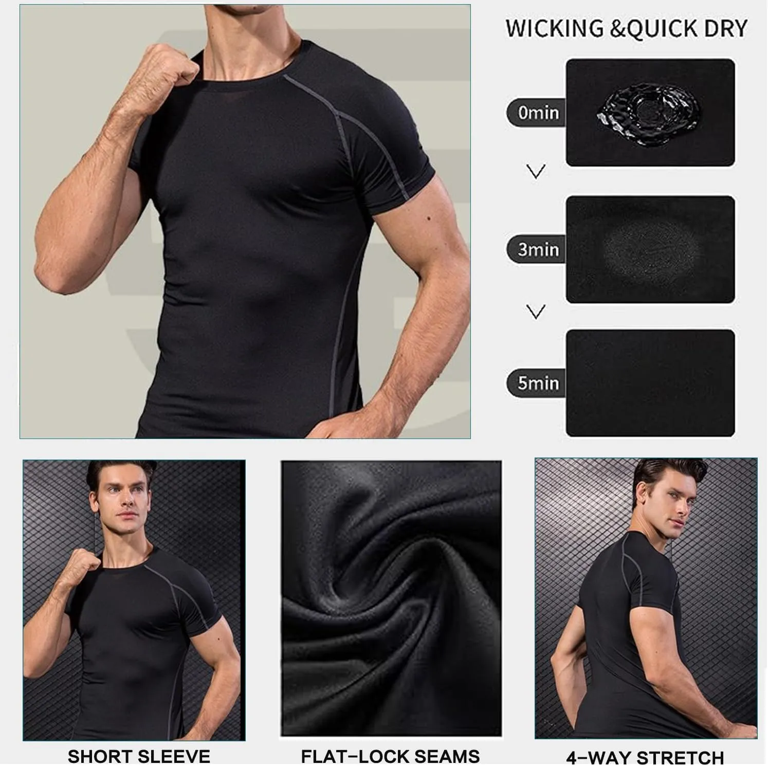 LANBAOSI 3 Pack Men's Compression Shirts Short Sleeve Compression Base Layer Cool Dry Athletic Undershirt Workout T Shirt