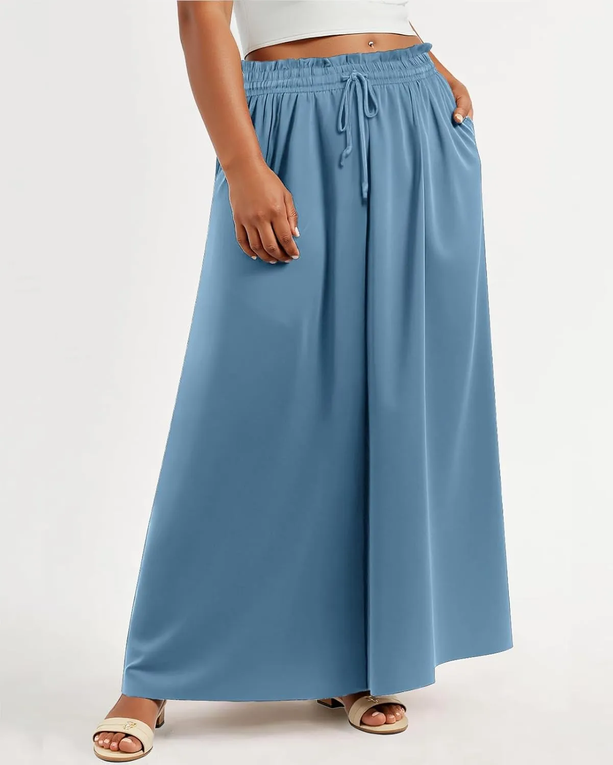 Lastshe Women's Plus Size Pants Wide Leg High Waist Flowy Casual Palazzo 2025 Summer Lounge Boho Beach Trousers Pockets