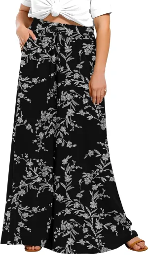 Lastshe Women's Plus Size Pants Wide Leg High Waist Flowy Casual Palazzo 2025 Summer Lounge Boho Beach Trousers Pockets
