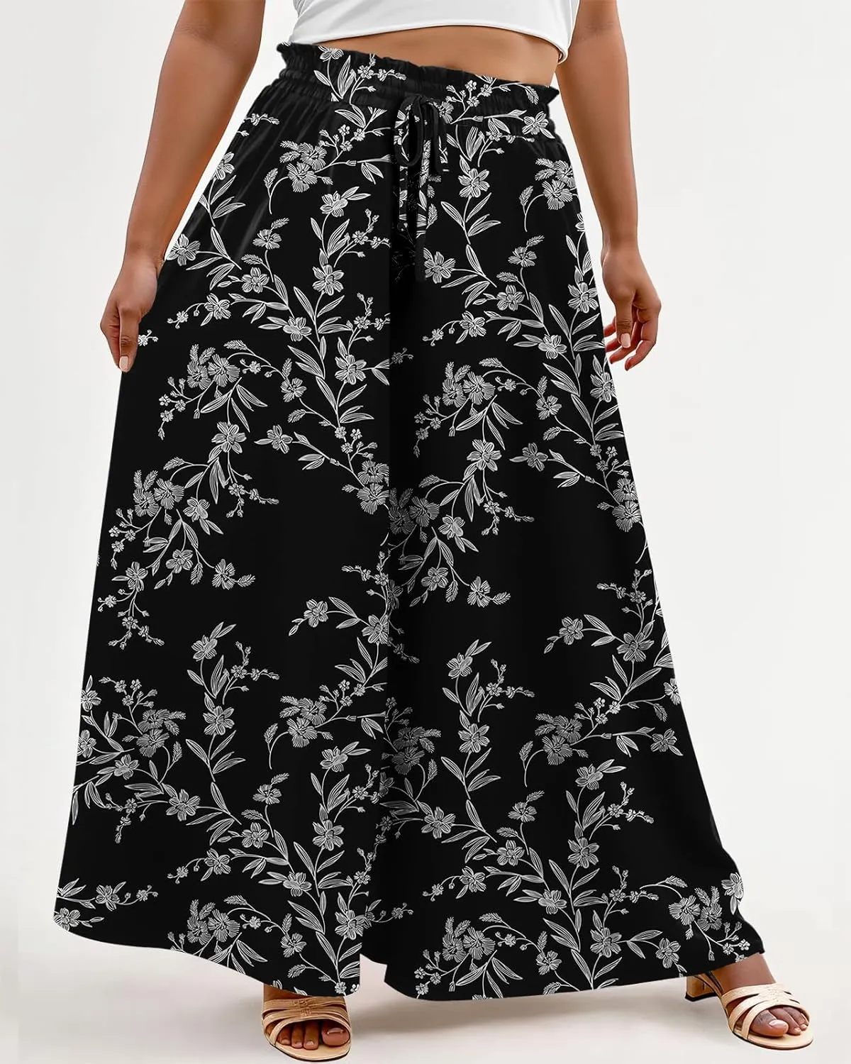 Lastshe Women's Plus Size Pants Wide Leg High Waist Flowy Casual Palazzo 2025 Summer Lounge Boho Beach Trousers Pockets