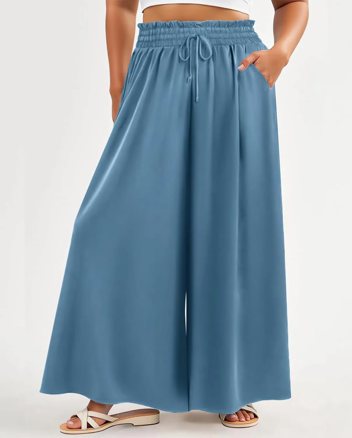 Lastshe Women's Plus Size Pants Wide Leg High Waist Flowy Casual Palazzo 2025 Summer Lounge Boho Beach Trousers Pockets