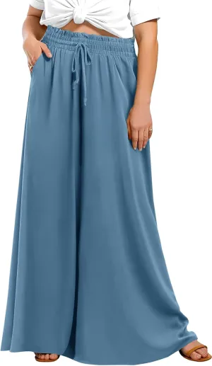 Lastshe Women's Plus Size Pants Wide Leg High Waist Flowy Casual Palazzo 2025 Summer Lounge Boho Beach Trousers Pockets