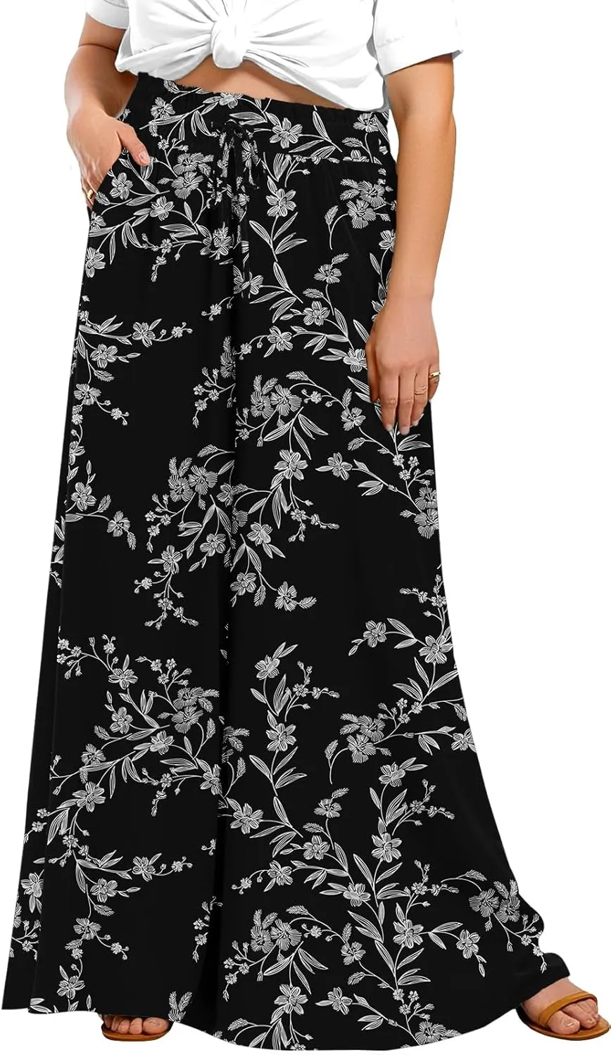 Lastshe Women's Plus Size Pants Wide Leg High Waist Flowy Casual Palazzo 2025 Summer Lounge Boho Beach Trousers Pockets