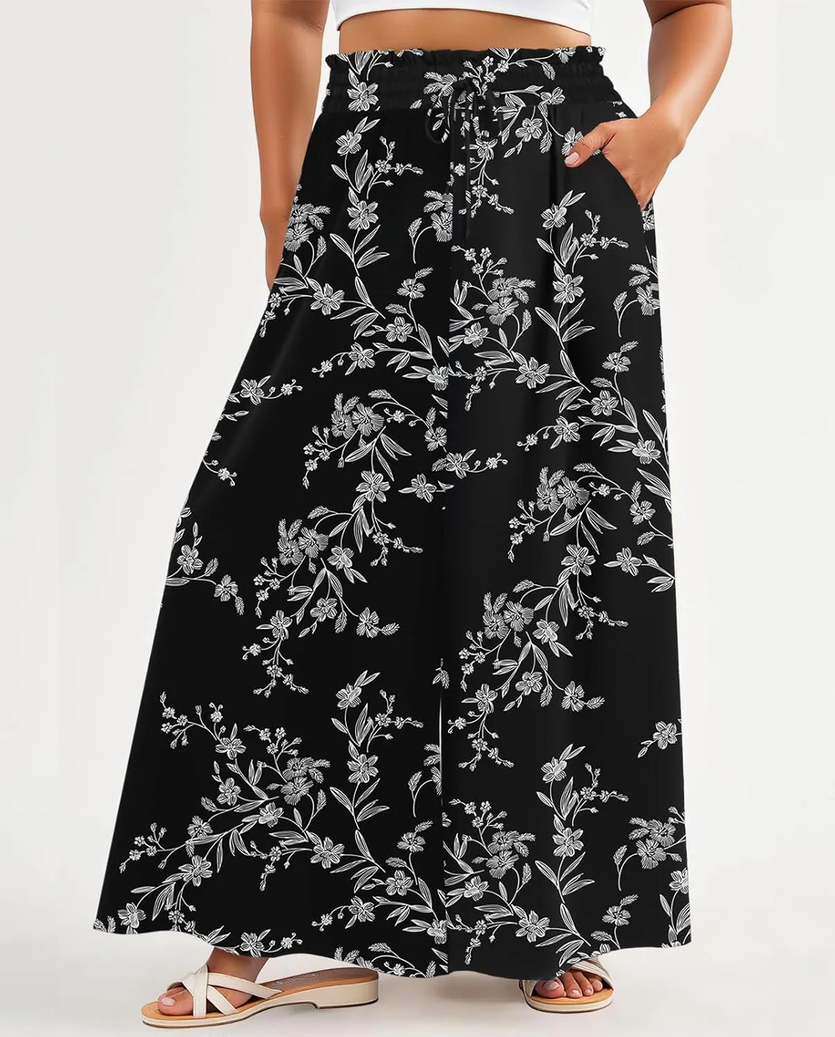 Lastshe Women's Plus Size Pants Wide Leg High Waist Flowy Casual Palazzo 2025 Summer Lounge Boho Beach Trousers Pockets