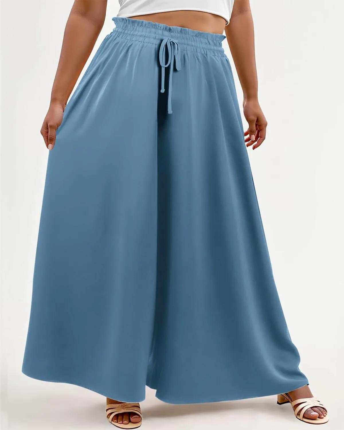 Lastshe Women's Plus Size Pants Wide Leg High Waist Flowy Casual Palazzo 2025 Summer Lounge Boho Beach Trousers Pockets