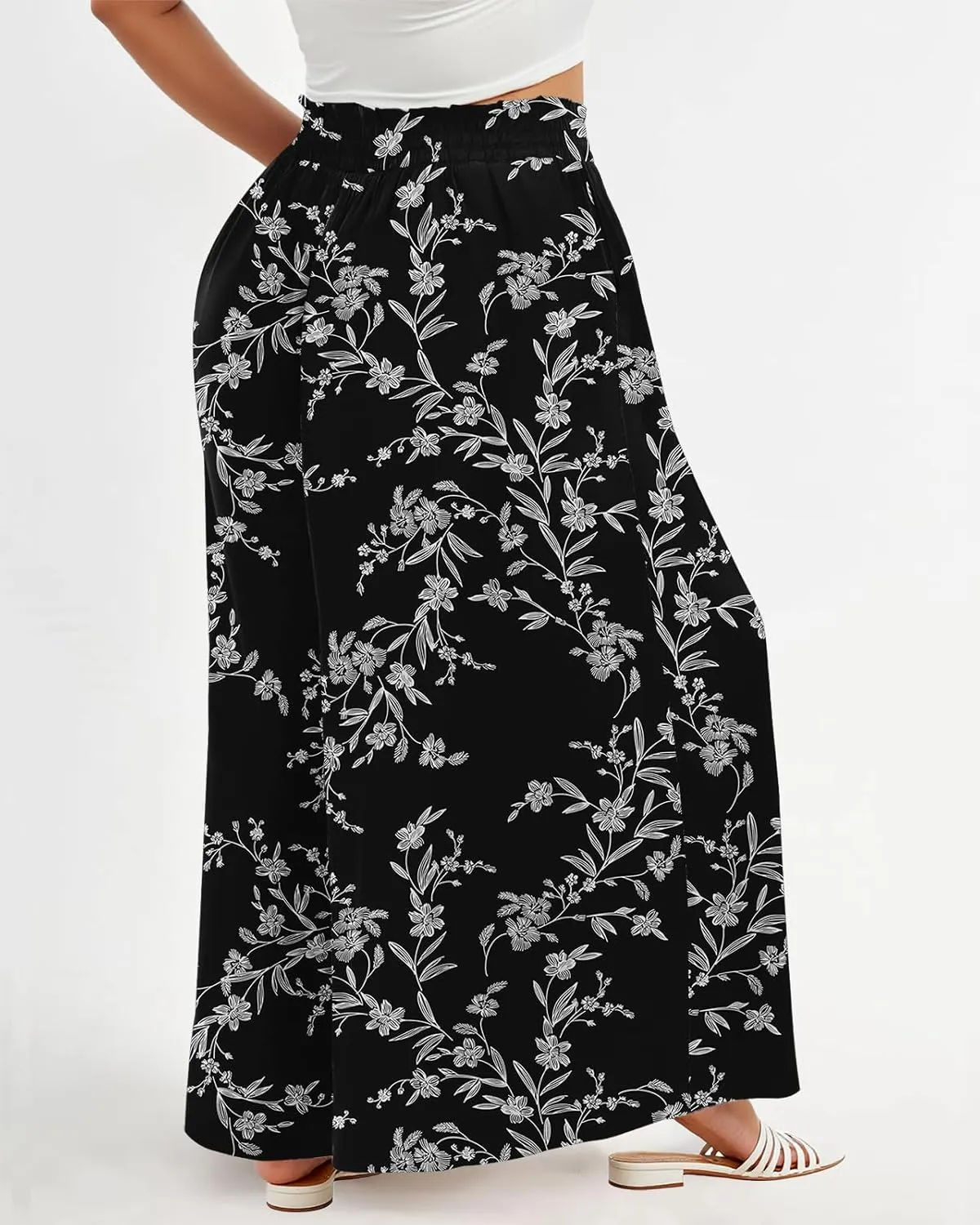 Lastshe Women's Plus Size Pants Wide Leg High Waist Flowy Casual Palazzo 2025 Summer Lounge Boho Beach Trousers Pockets