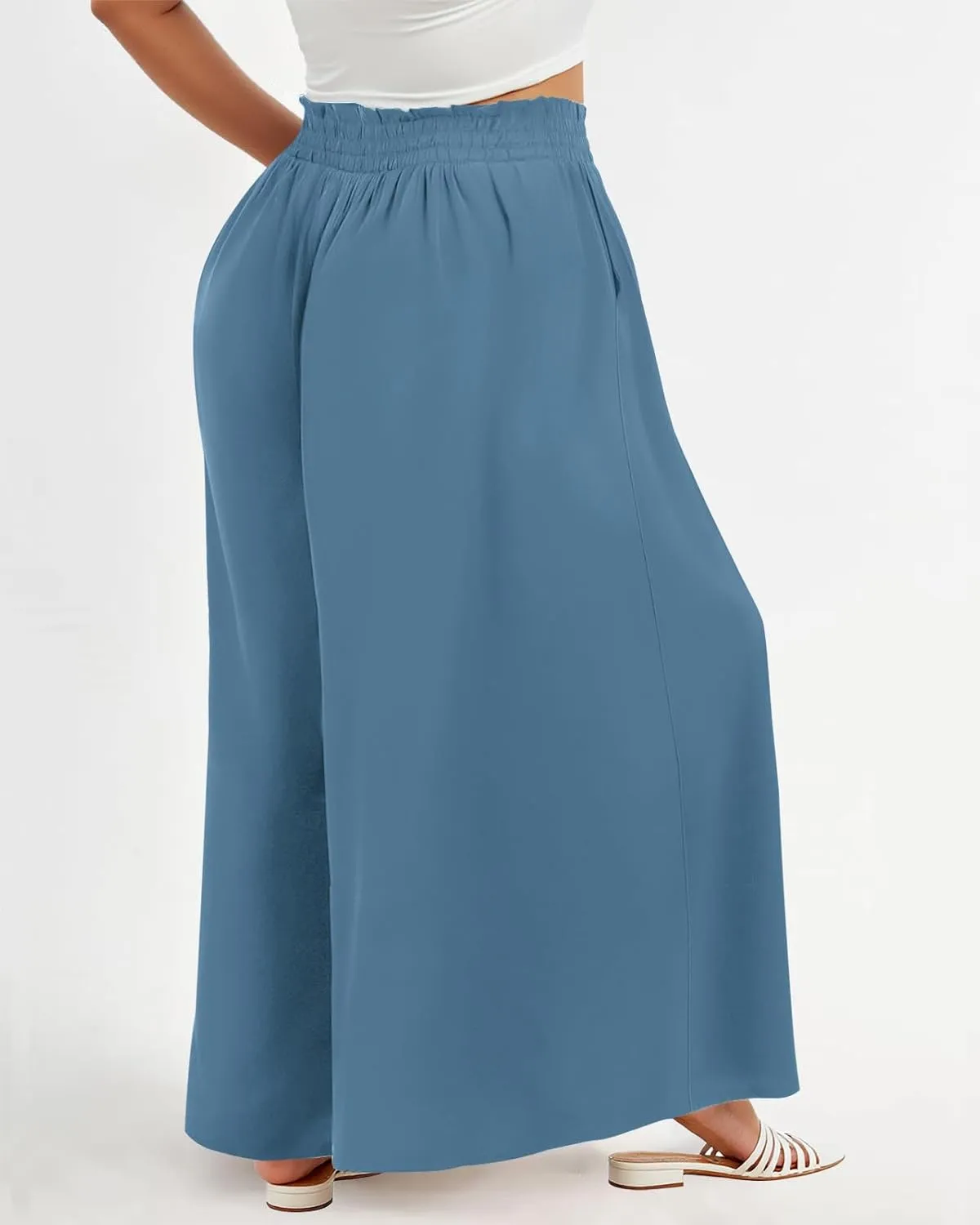 Lastshe Women's Plus Size Pants Wide Leg High Waist Flowy Casual Palazzo 2025 Summer Lounge Boho Beach Trousers Pockets