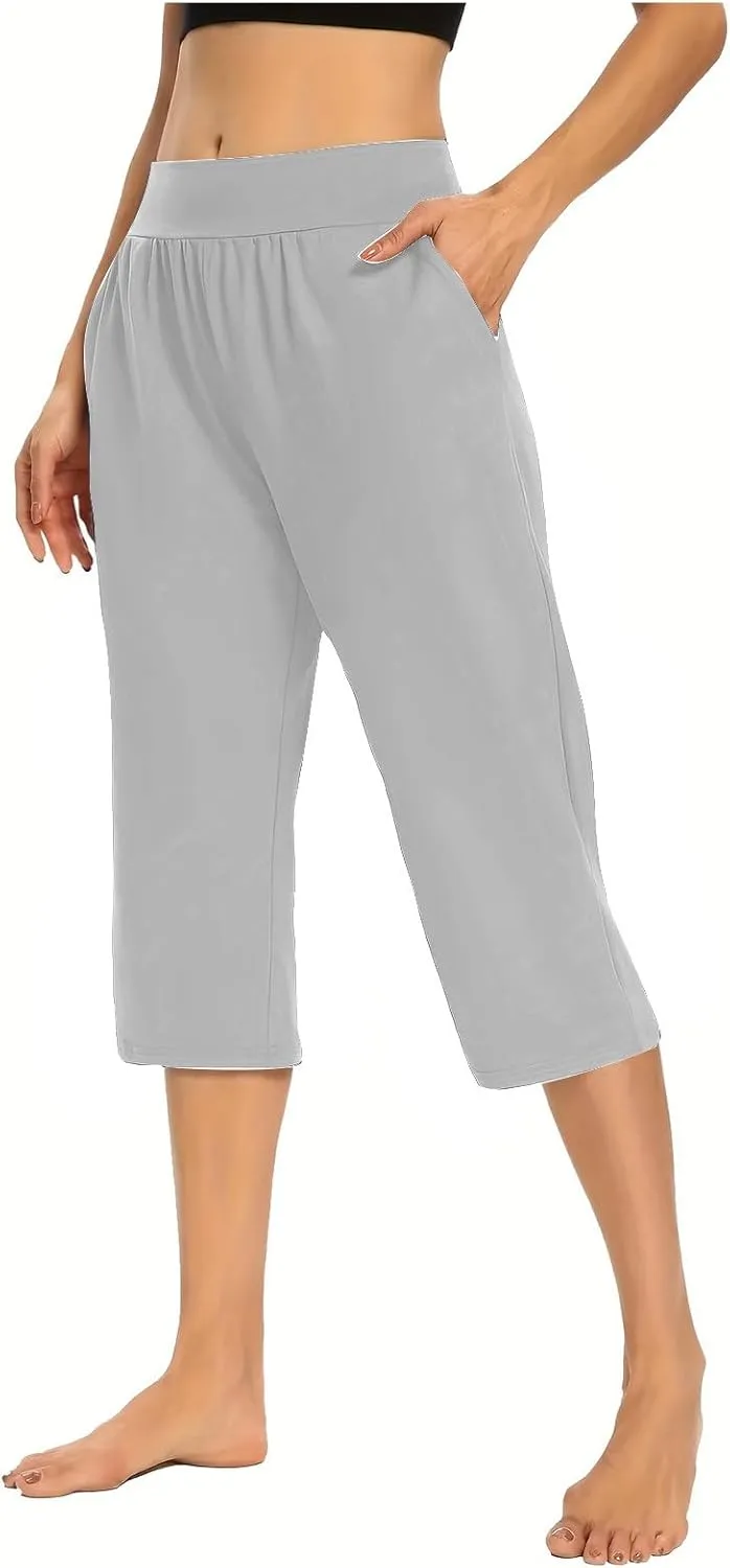 LFEOOST Capri Pants for Women High Waist Wide Leg Yoga Cropped Pants with Pockets Loose Casual Summer Outfits Lounge Pants