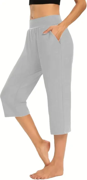 LFEOOST Capri Pants for Women High Waist Wide Leg Yoga Cropped Pants with Pockets Loose Casual Summer Outfits Lounge Pants